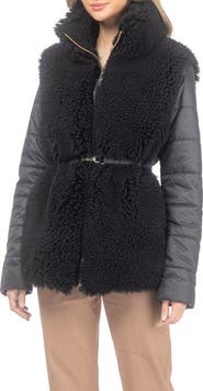 GORSKI Genuine Shearling Jacket with Quilted Sleeves and Back, Belt