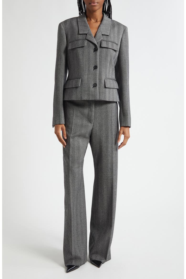 Herringbone Virgin Wool Blend Wide Leg Trousers, Alternate, color, NERO/ WHITE SAND
