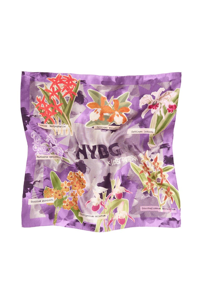 X NYBG "Orchid On the Block" Silk Bandana Scarf, Alternate, color, Purple