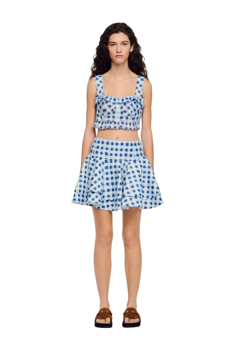 Short gingham linen skirt, Alternate, color, Blu / white