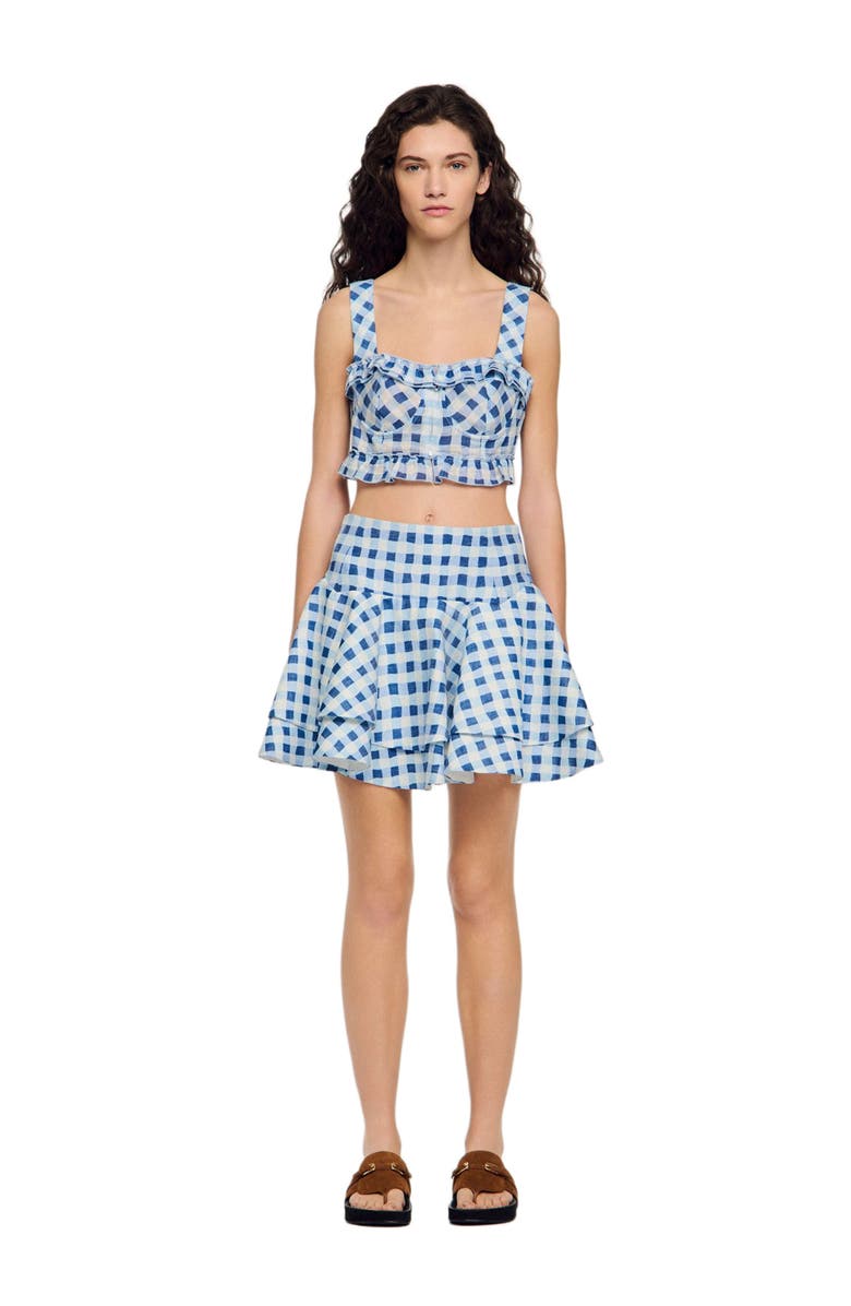 SANDRO Short gingham linen skirt, Alternate, color, Blu / White
