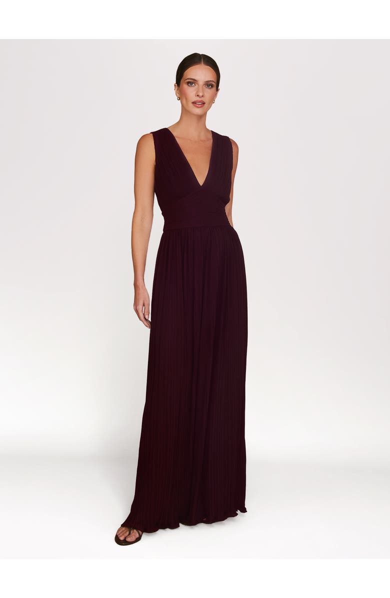 Six Stories Pleated Plunge Maxi Dress, Main, color, Wine