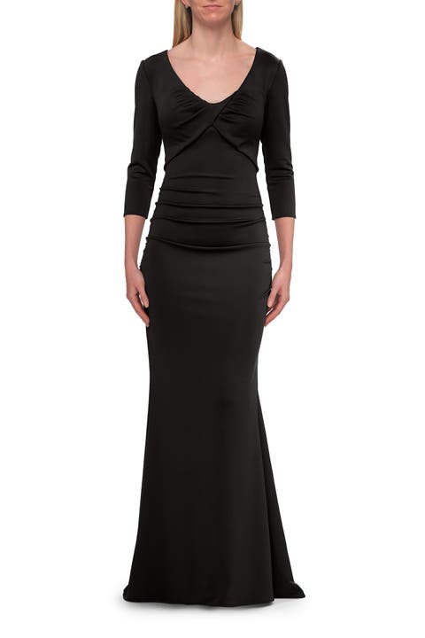 Three-Quarter Sleeve Jersey Gown with Ruched Bodice