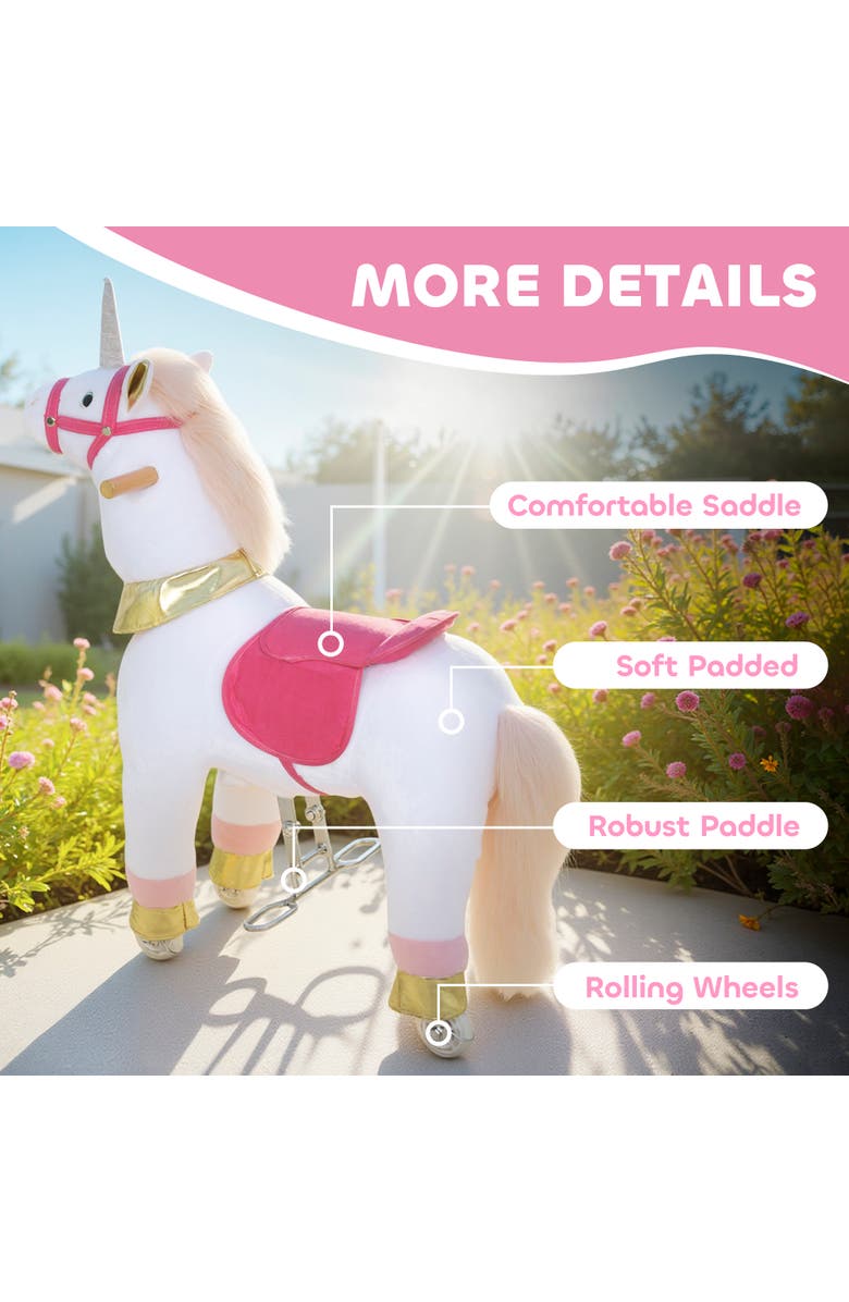 Qaba Ride on Unicorn Toy for Kids Plush Baby Rocking Horse Mechanical Walking Animal with Wheels No Batteries Required, Alternate, color, White
