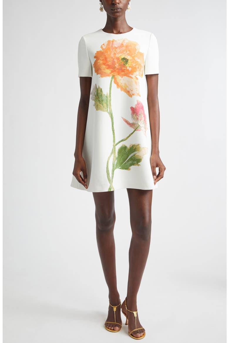 Poppy Print Stretch Crepe A-Line Minidress, Main, color, WHITE MULTI