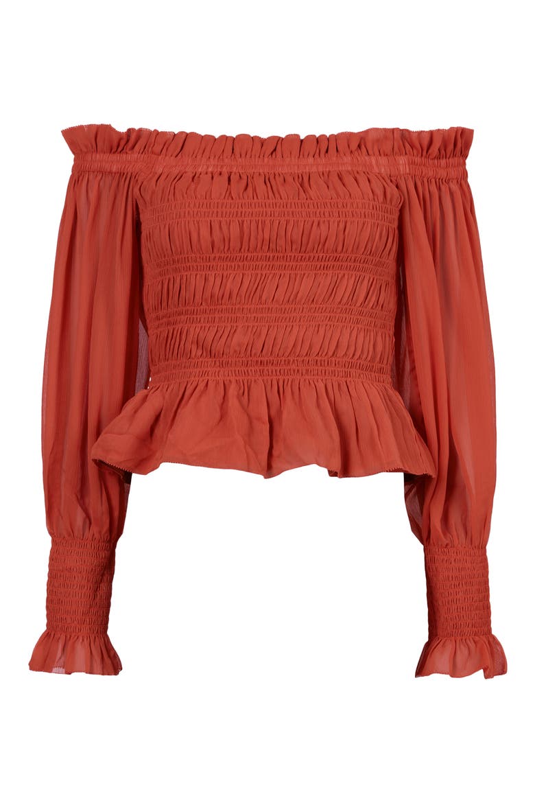 Lara Shirred Off-The-Shoulder Peplum Top, Alternate, color, RED CLAY