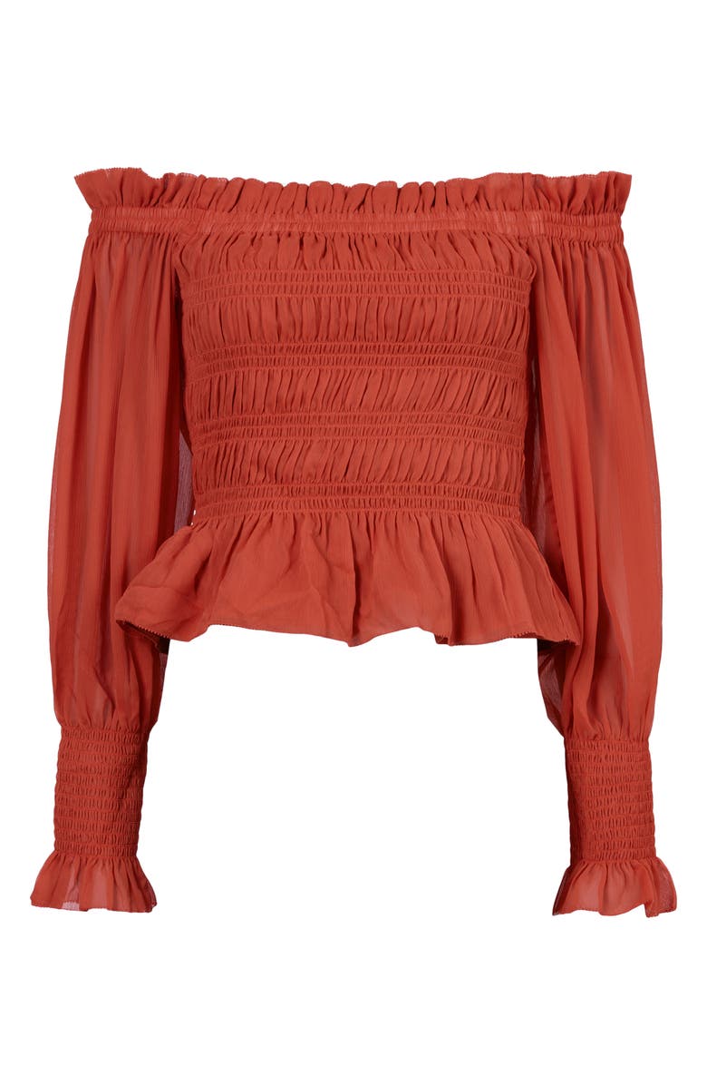 AllSaints Lara Shirred Off-The-Shoulder Peplum Top, Alternate, color, Red Clay