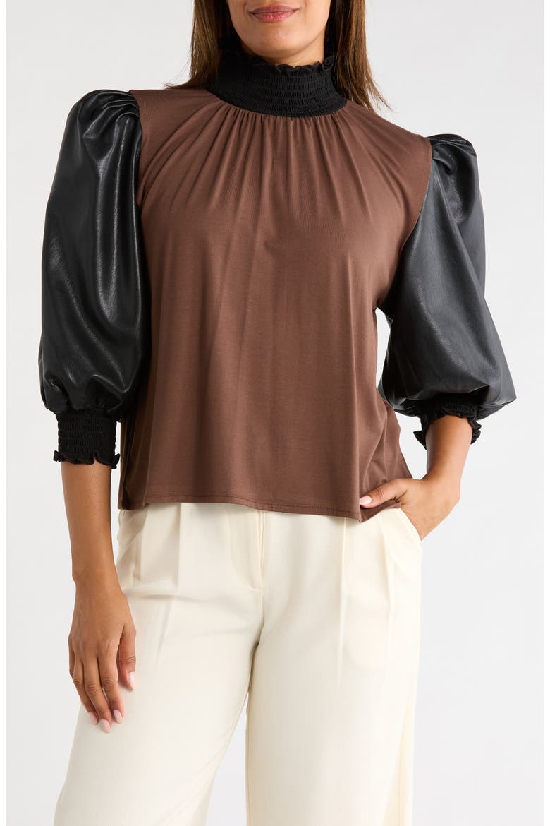 Faux Leather Sleeve Top, Main, color, BROWN