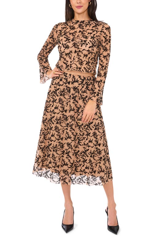 Vince Camuto Floral Flock Mesh Skirt In Rich Black