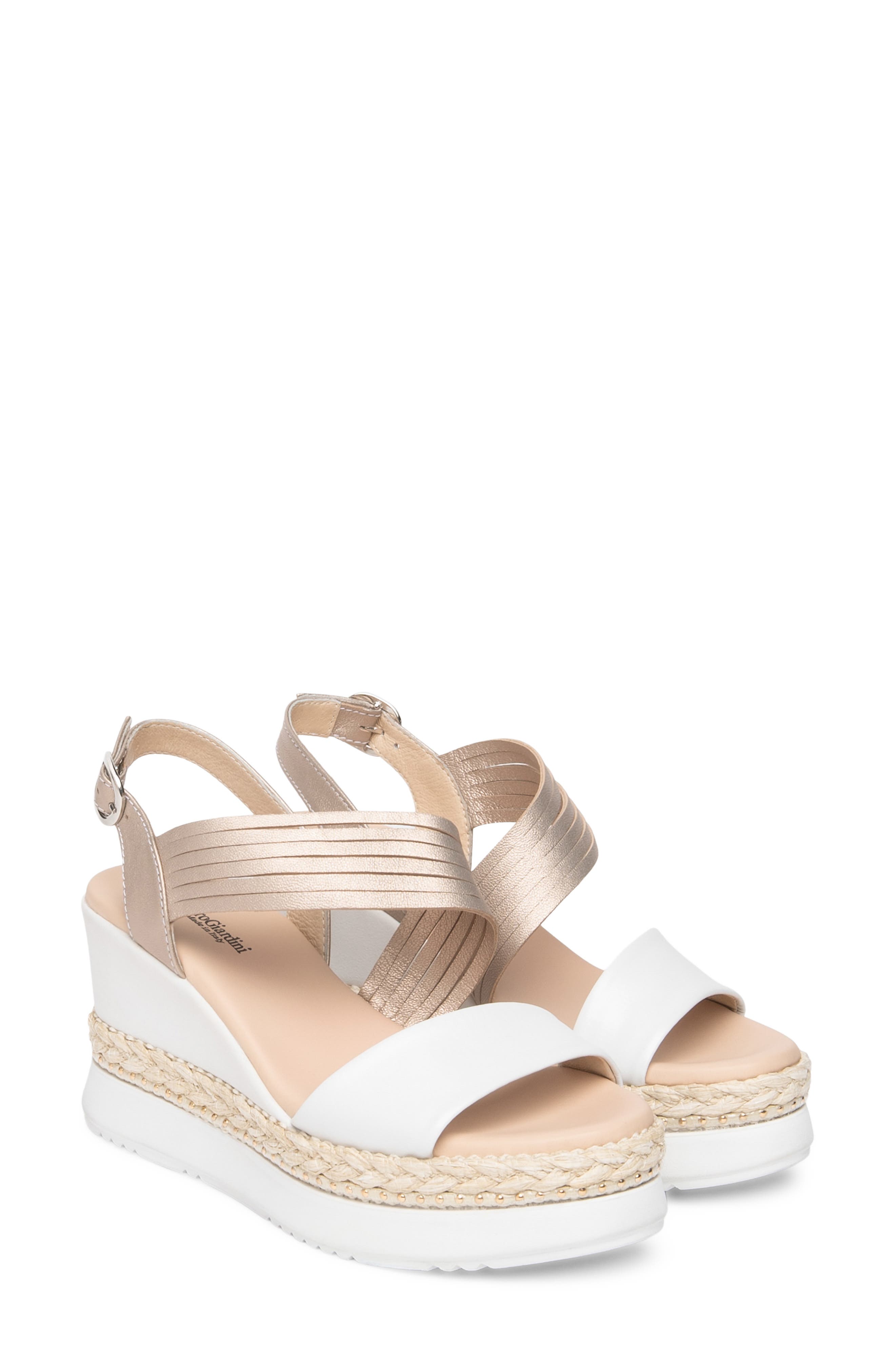 NeroGiardini Platform Wedge Sandal, Main, color, White/ Gold