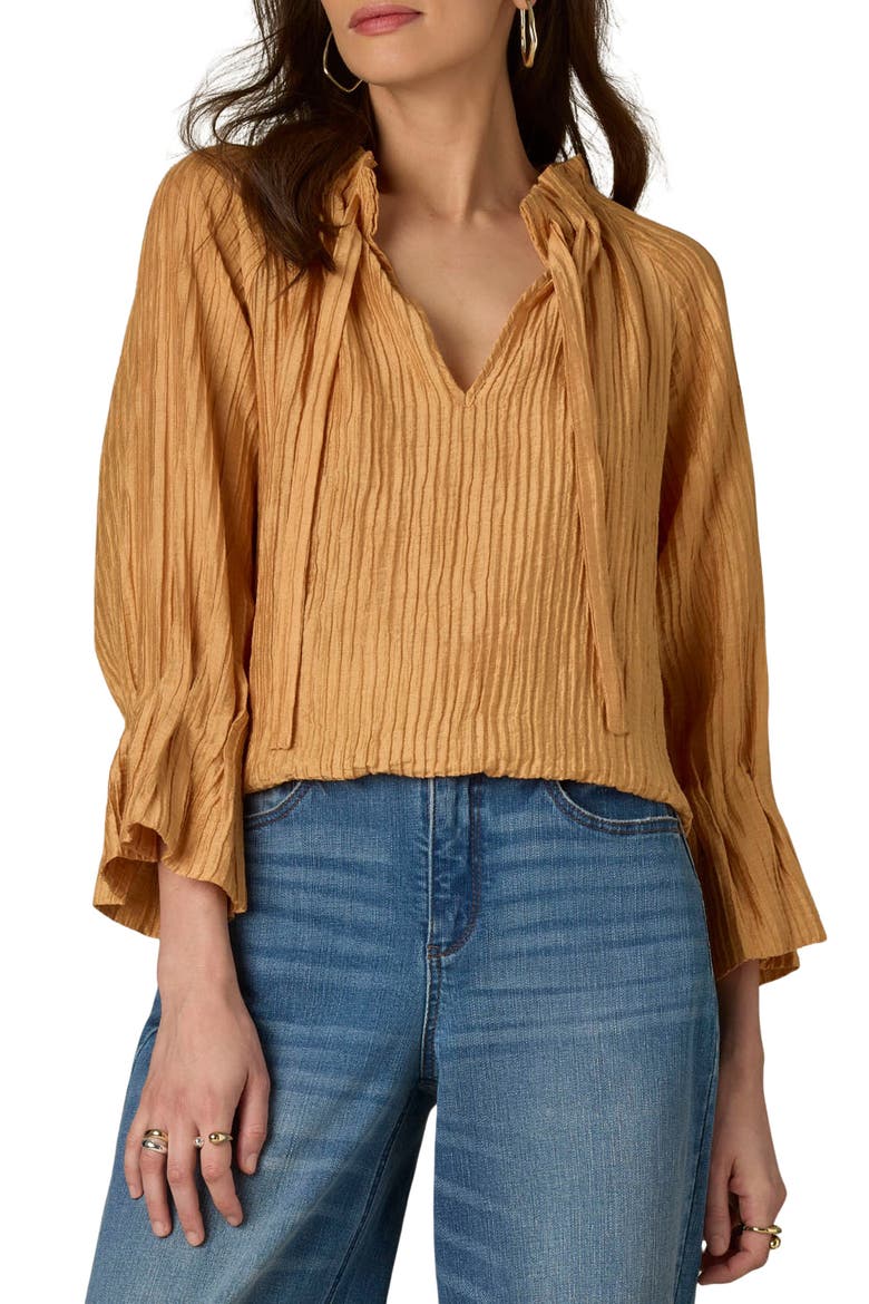Pleated Tie Neck Top, Main, color, HONEY