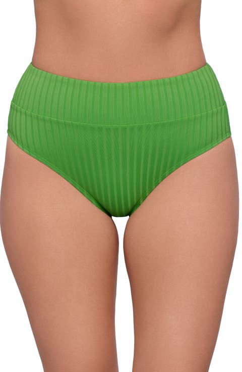 Smoothing and Sculpting Ribbed Banded High-Waist Bikini Swimsuit Bottoms