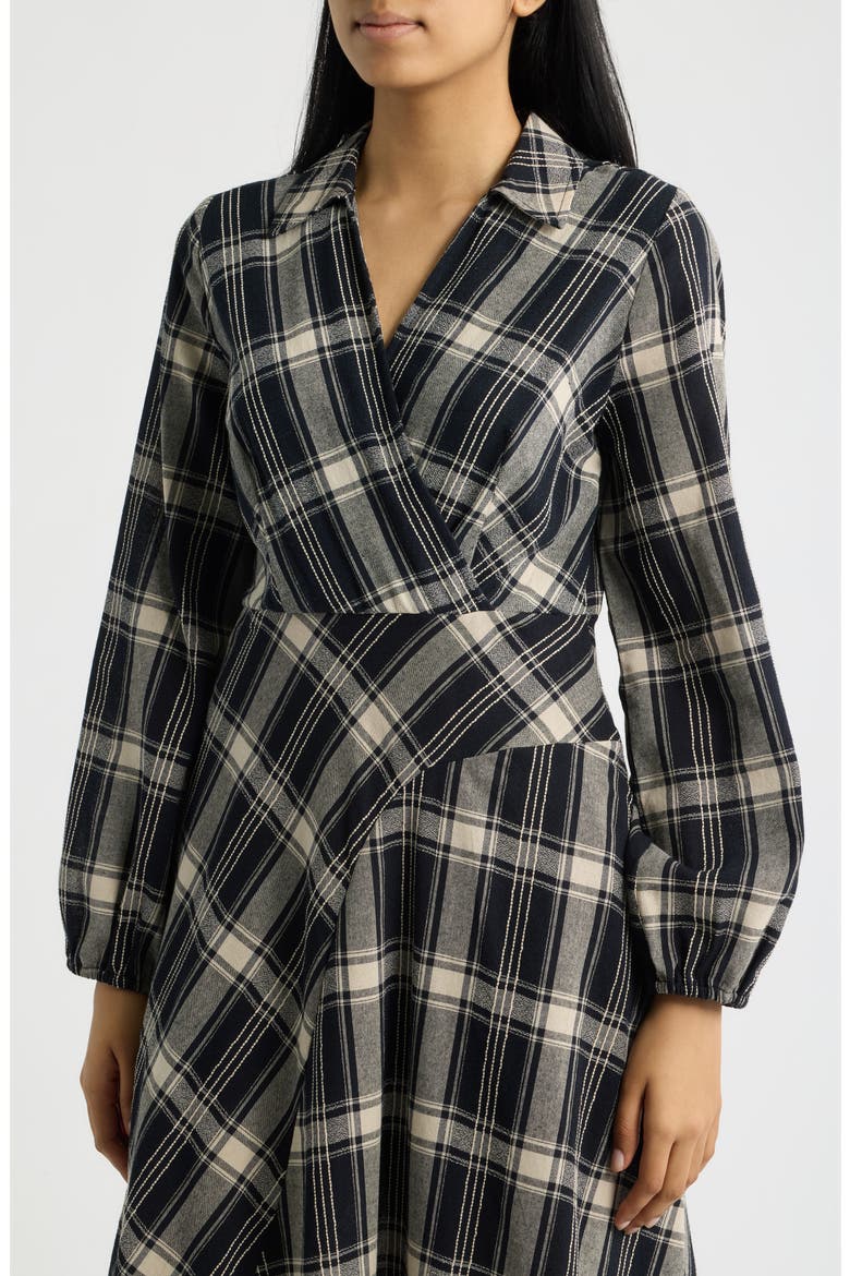 Long Sleeve Asymmetric Plaid Shirtdress, Alternate, color, BLACK