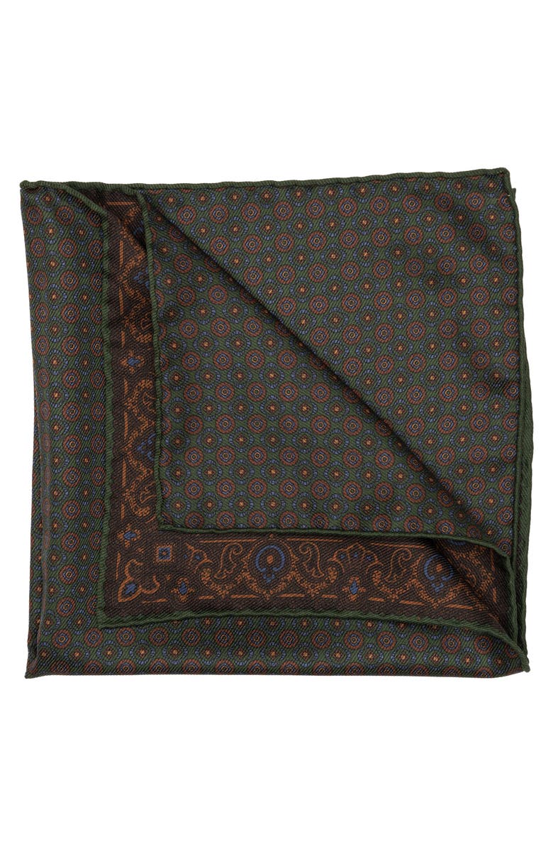 Elizabetta Lario - Double Sided Silk Pocket Square for Men, Main, color, Green & Brown