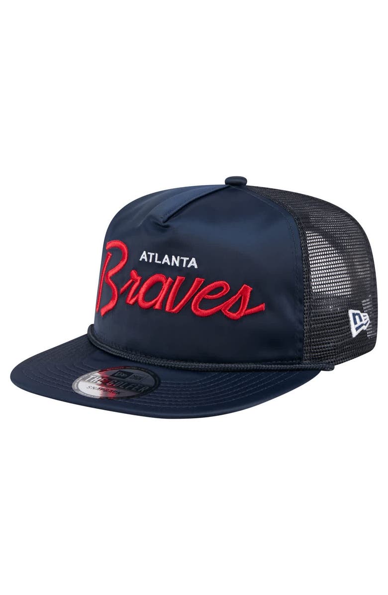 New Era Men's New Era Navy Atlanta Braves Retro Satin Script Golfer Adjustable Hat, Main, color, 