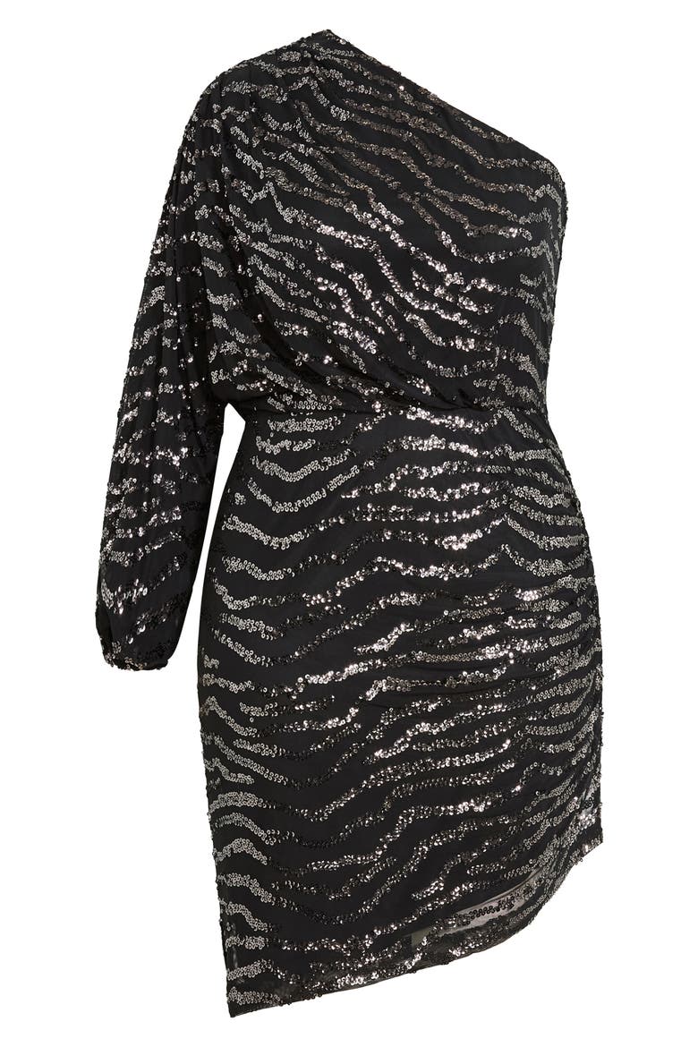 Sequin Stripe One-Shoulder Long Sleeve Dress, Alternate, color, GUNMETAL