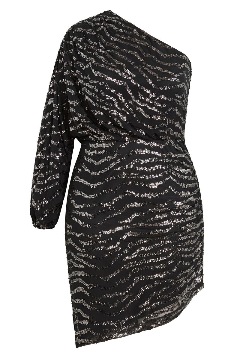 City Chic Sequin Stripe One-Shoulder Long Sleeve Dress, Alternate, color, Gunmetal