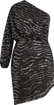 City Chic Sequin Stripe One-Shoulder Long Sleeve Dress