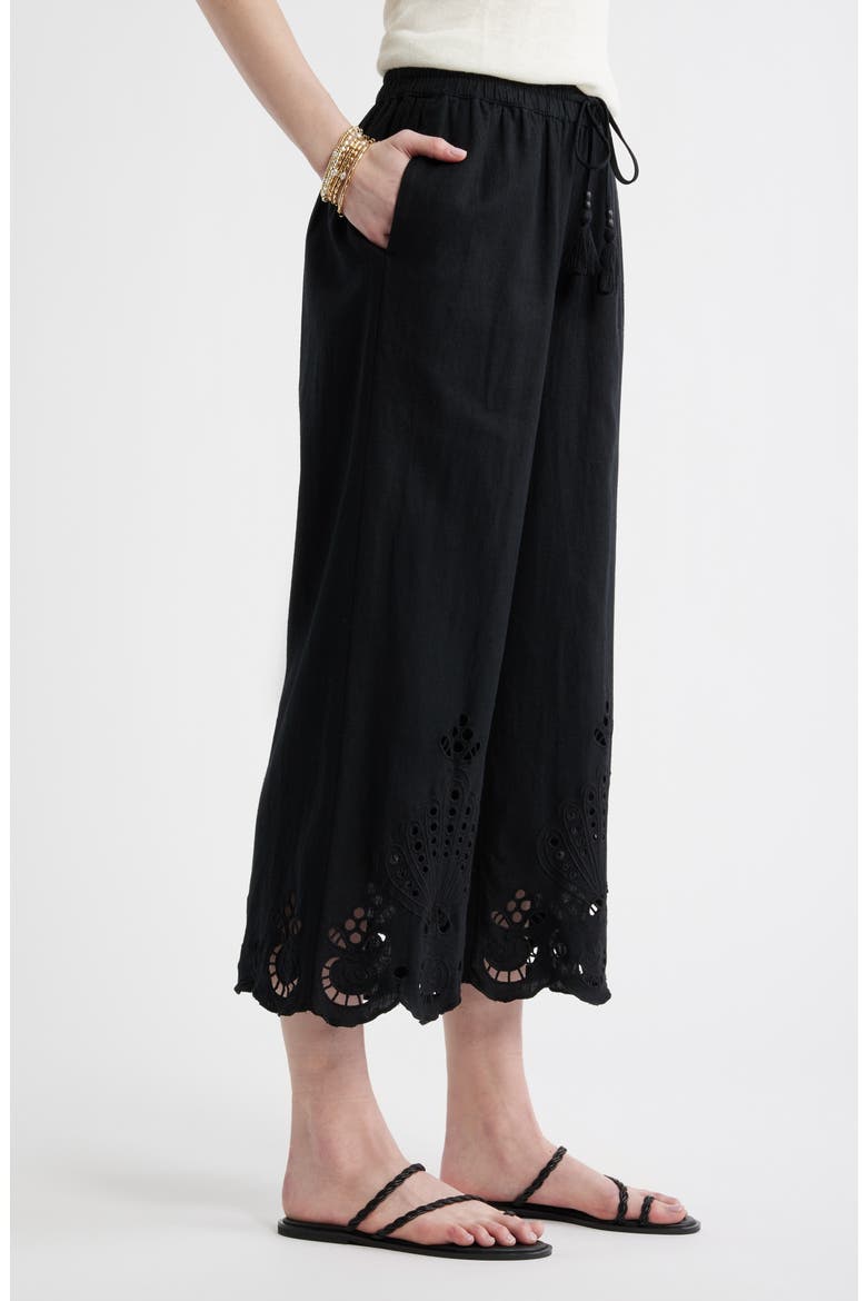 Cutwork Hem Linen Blend Pull-On Pants, Alternate, color, BLACK