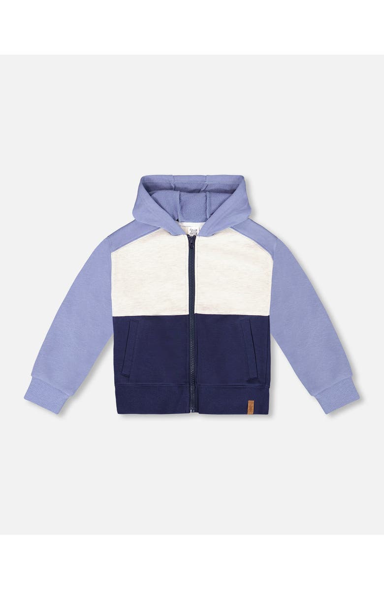 Deux par Deux Boy's French Terry Color Block Full Zip Hoodie Sweatshirt Blue, Navy And Cream, Main, color, 