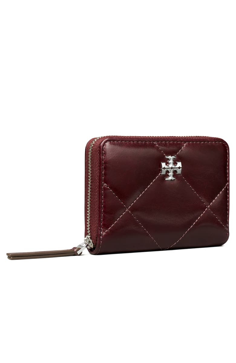 Tory Burch Small Kira Distressed Diamond Quilted Leather Zip Wallet, Alternate, color, Dark Carmine