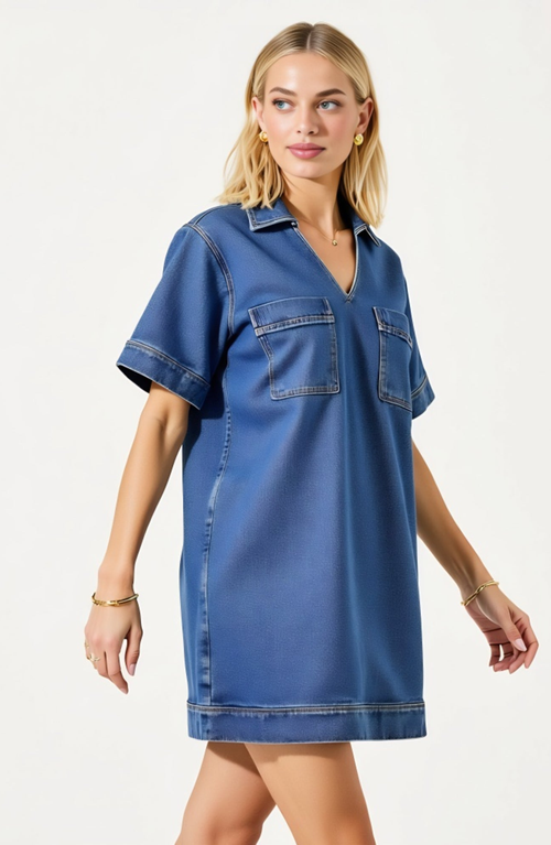 Modenaire Denim Mini Shirt Dress With Short Sleeves And Chest Patch Pockets In Blue