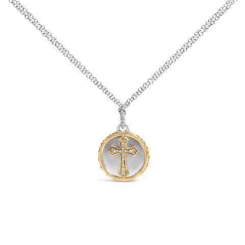 14K Yellow Gold Plated Sterling Silver 1/10 Cttw Diamond Cross Medallion Pendant Necklace