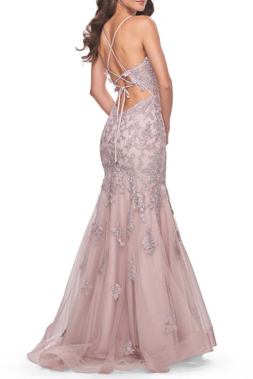 La Femme Mermaid Lace Embellished Gown With Illusion Top