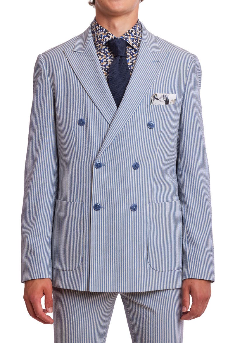 Soho Slim Fit Double Breasted Suit Jacket, Main, color, BLUE GREY CREAM SEERSUCKER