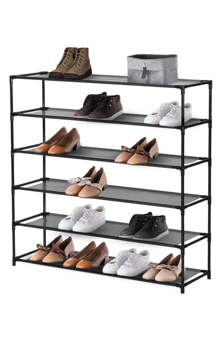 J AND V TEXTILES 6-Tier Shoe Rack 6-Tier Wood Top Shoe Rack, Alternate, color, Black