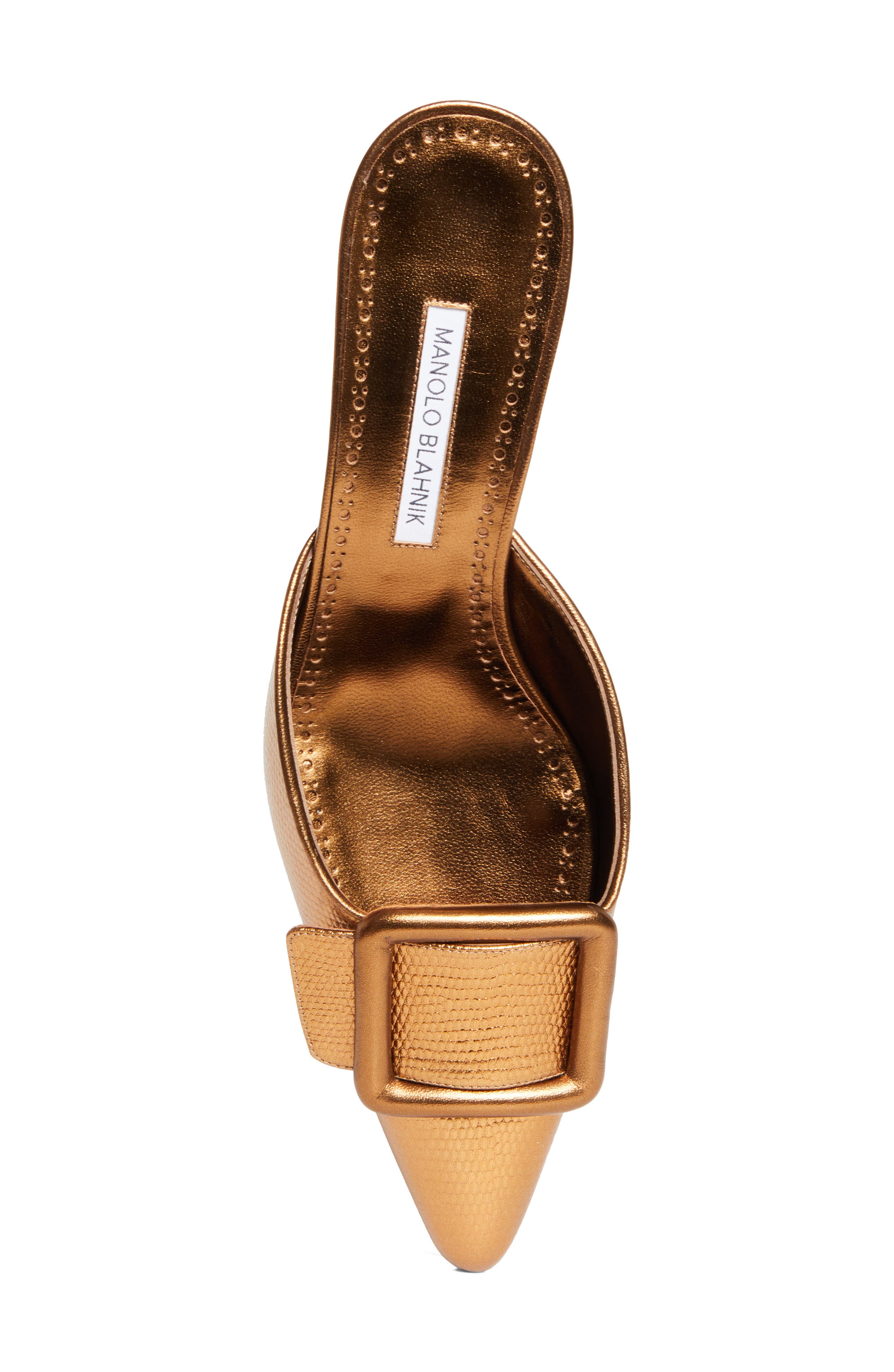 Manolo Blahnik Maysale Buckle Lizard Embossed Metallic Pointed Toe Kitten Heel Mule, Alternate, color, Bronze