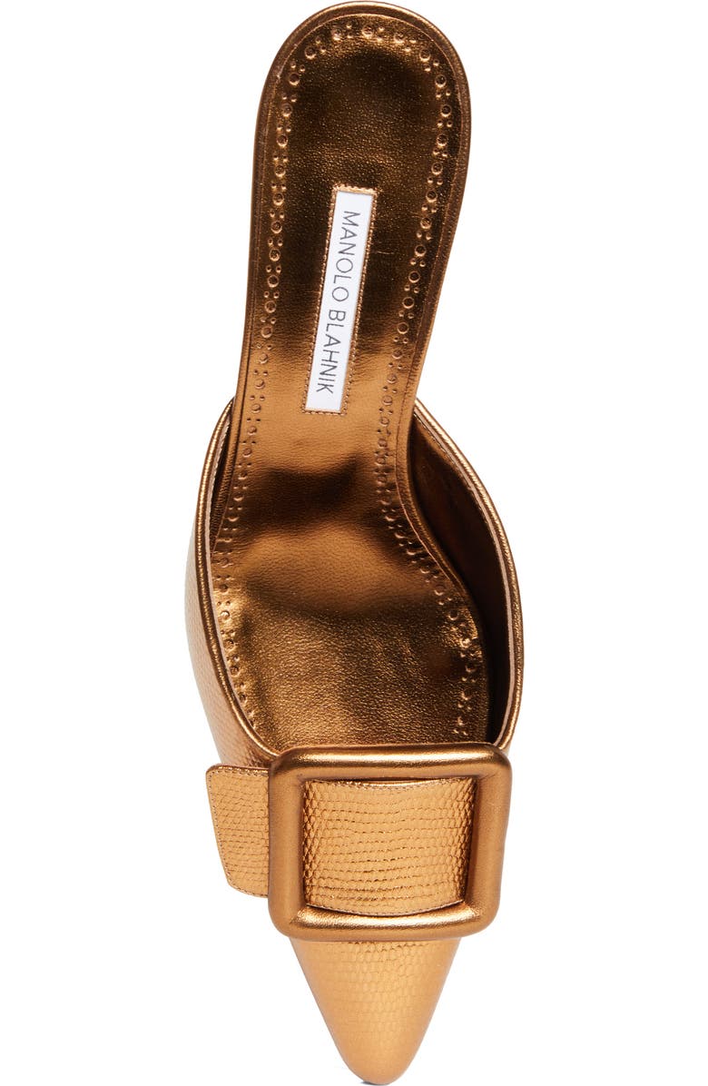 Manolo Blahnik Maysale Buckle Lizard Embossed Metallic Pointed Toe Kitten Heel Mule, Alternate, color, Bronze