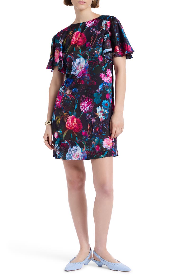Alara Short Sleeve Cowl Back Shift Dress, Main, color, BLACK MULTI