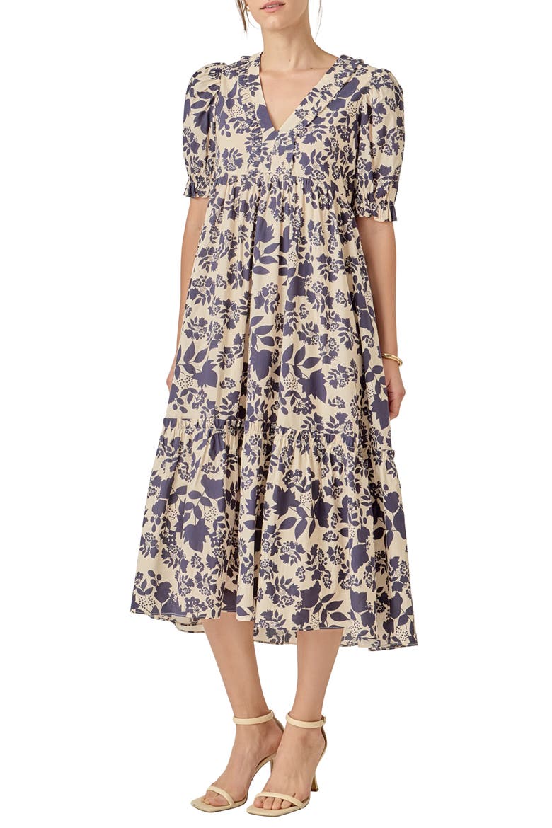 Floral Print Tiered Midi Dress, Alternate, color, CREAM/ NAVY