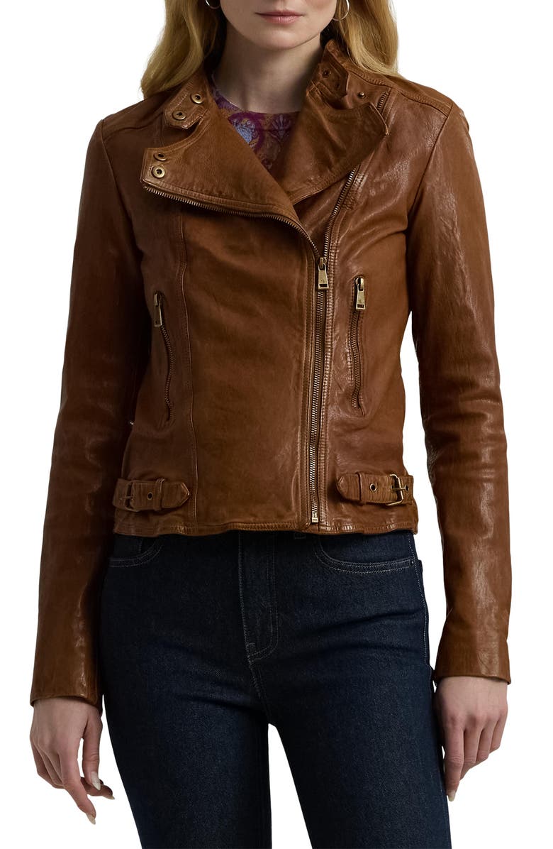 Lauren Ralph Lauren Leather Moto Jacket, Main, color, Dark Walnut