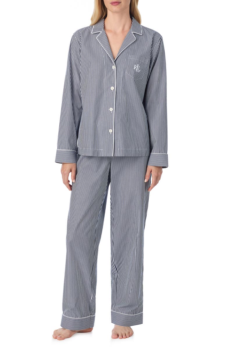 Lauren Ralph Lauren Stripe Long Sleeve Cotton Pajamas, Main, color, Navy Stripe