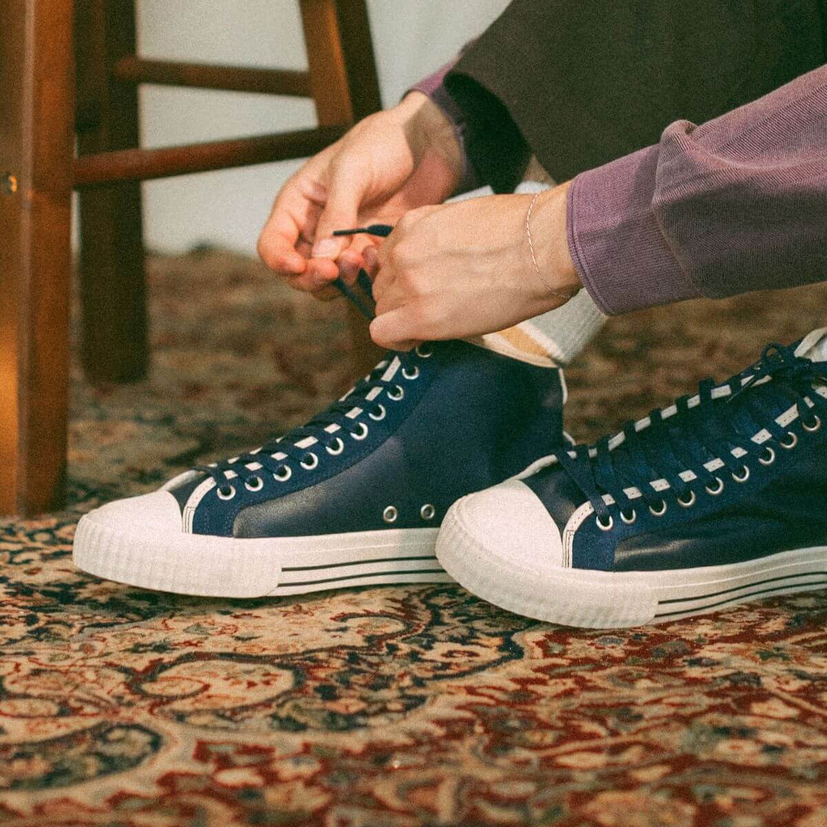 P.F. Flyers Center Vintage High-Top Leather & Suede Sneaker, Alternate, color, Navy-Antique White