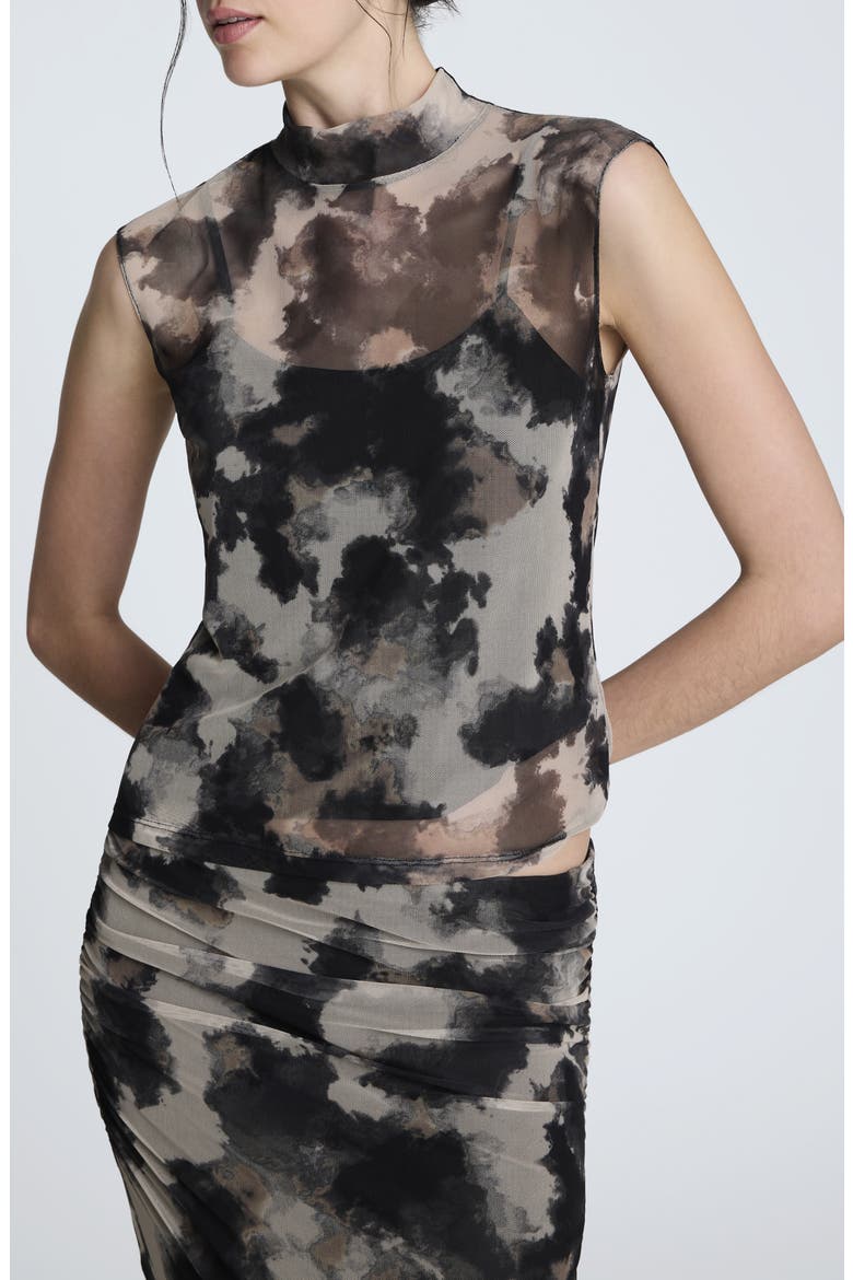 Ruched Mock Neck Mesh Top, Main, color, BLACK MULTI