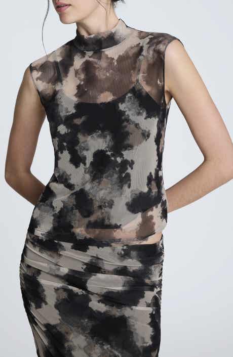 Ruched Mock Neck Mesh Top
