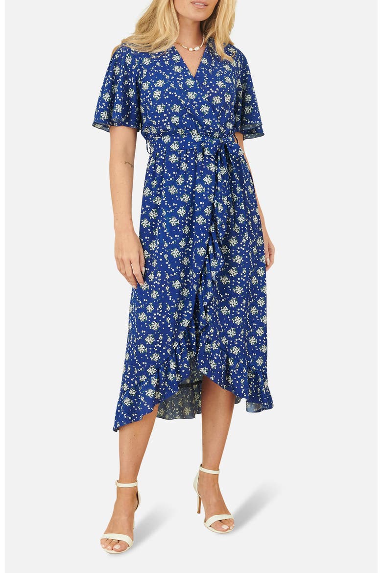 Frilled-Hem Wrap Midi Dress, Alternate, color, Blue