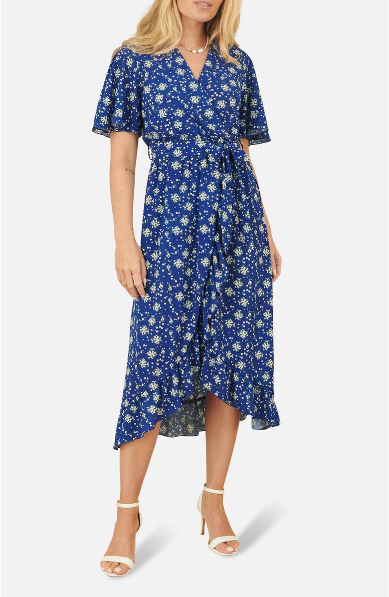 Yumi Frilled-Hem Wrap Midi Dress, Alternate, color, Blue