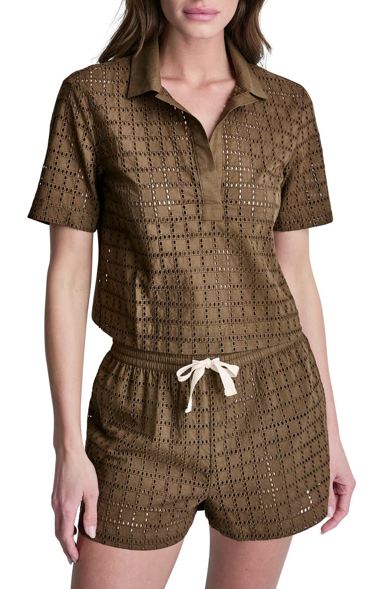 Short Sleeve Eyelet Johnny Collar Top, Main, color, MOCHA