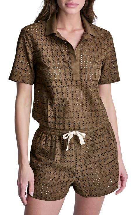 Short Sleeve Eyelet Johnny Collar Top