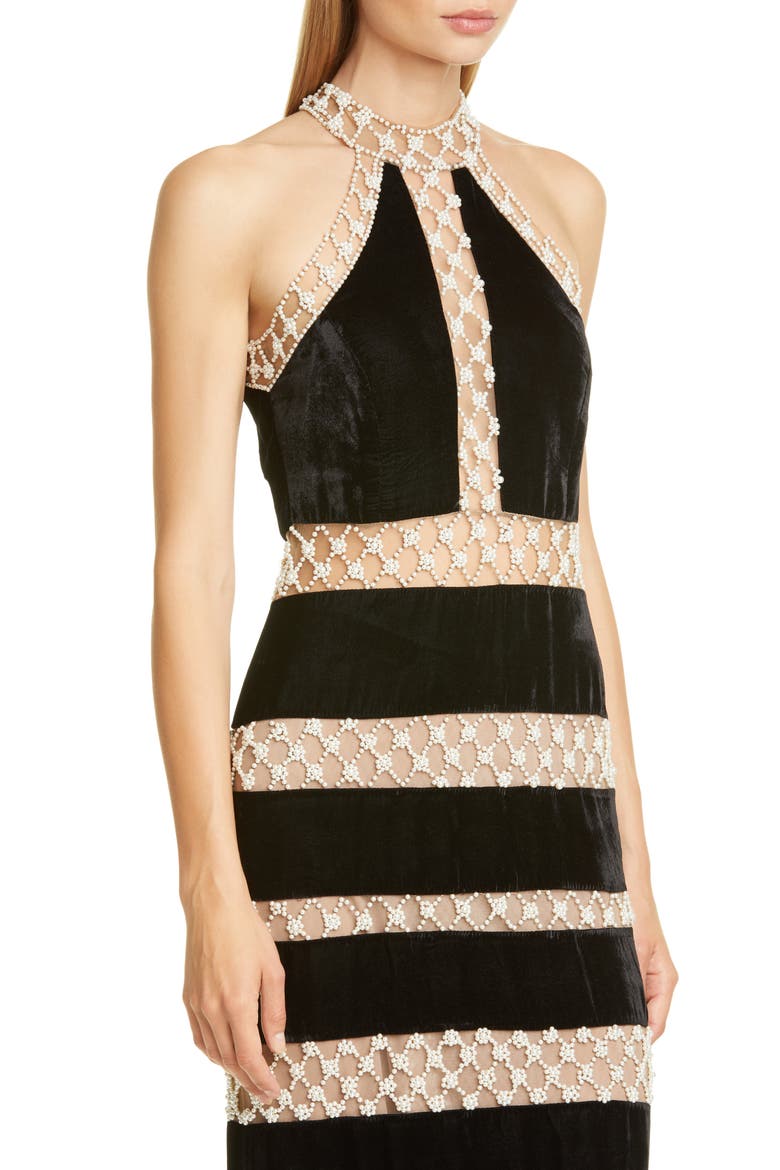 Imitation Pearl & Velvet Halter Gown, Alternate, color, BLACK