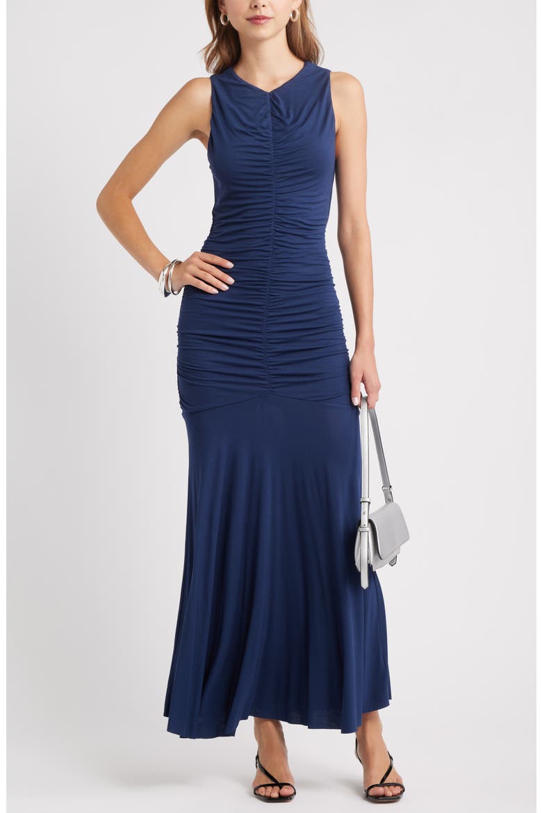 Ruched Sleeveless Maxi Dress, Main, color, NAVY IRIS
