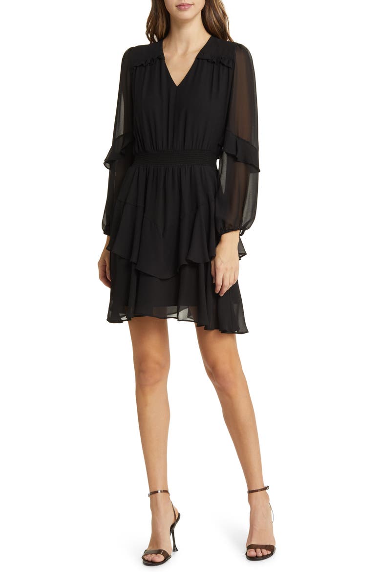 Tiered Long Sleeve Georgette Minidress, Main, color, BLACK