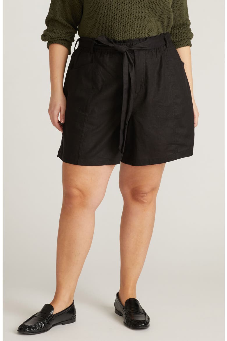 Harbor Stretch Linen Blend Paperbag Shorts, Main, color, BLACK
