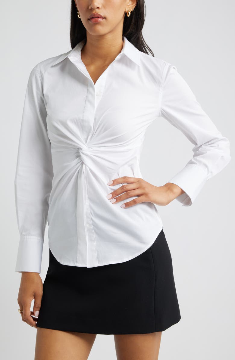 Open Edit Twist Front Stretch Cotton Blend Button-Up Shirt, Main, color, White