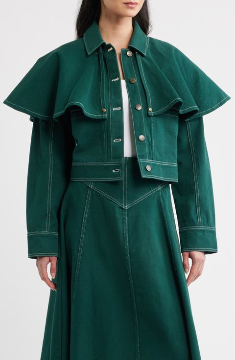 Clarke Ruffle Cape Cotton Twill Jacket