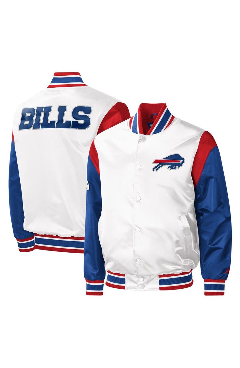 STARTER Men's Starter White Buffalo Bills Throwback Warm Up Pitch Satin Full-Snap Varsity Jacket, Alternate, color, 